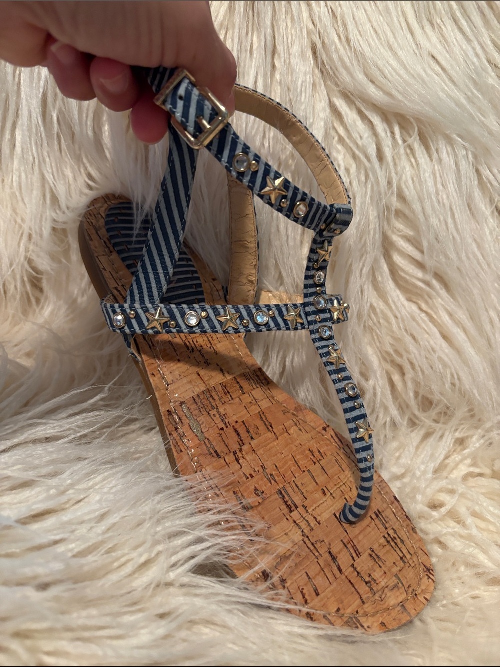 Gianni Bini Blue Striped Cork T-Strap Sandals